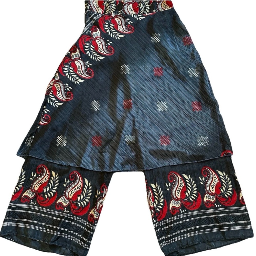 Women’s Ajrakh Print Wide-Leg Palazzo Pants-Blue & Red Paisley-Artisan Heritage
